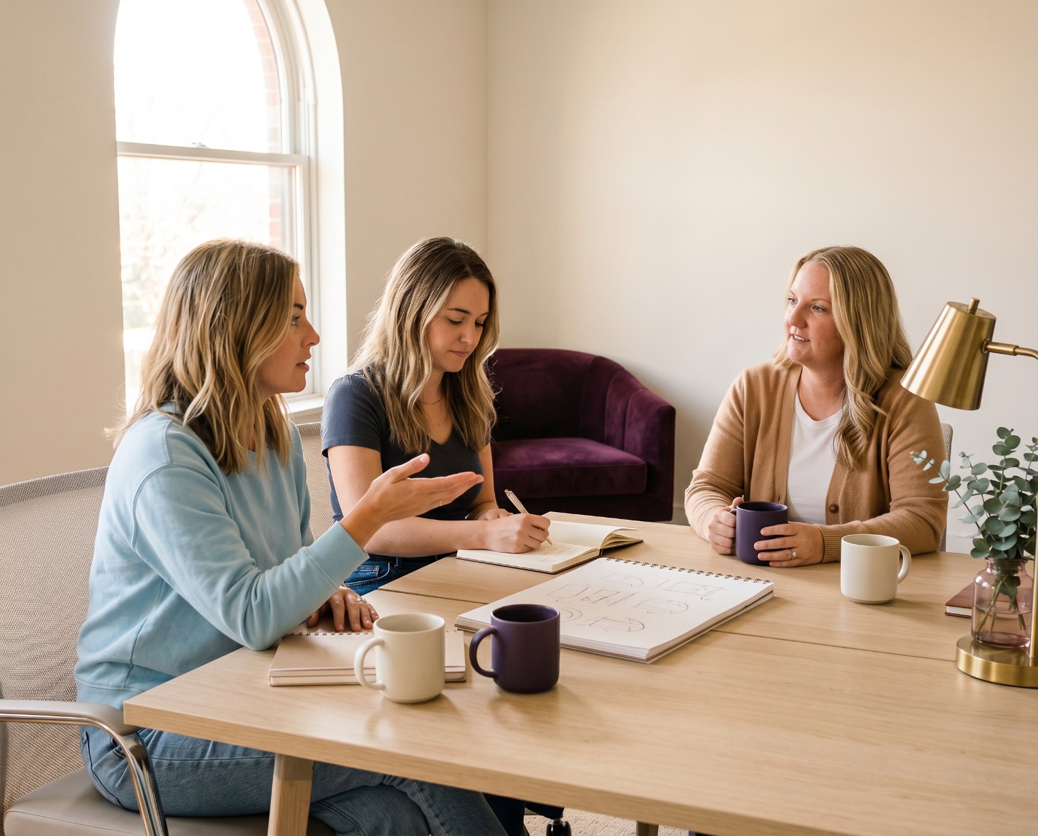 The AtoB Edge team in a working session with a client over coffee and notes